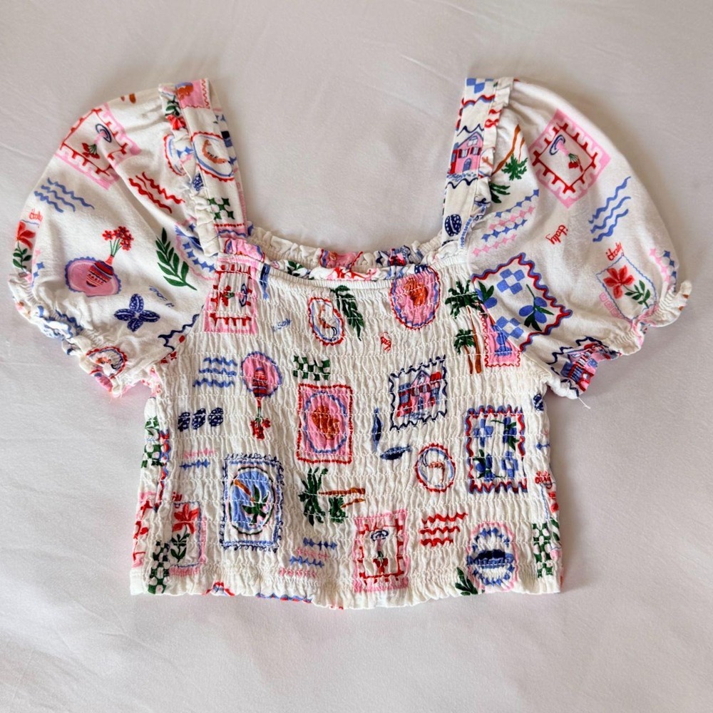 Smocked Puff Sleeve Linen Crop Top Italy Print White Multicolor Summer Vacation